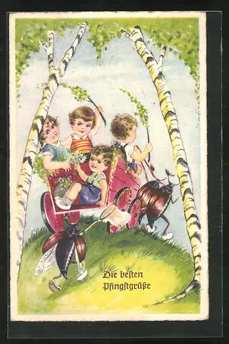 Künstler-AK Maikäfer, Pfingstgrüsse, sie ziehen einen Karren mit vier Kindern