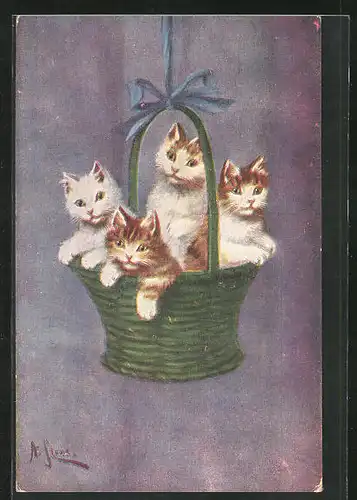 Künstler-AK Katzen, vier Kätzchen in einem Weidenkorb