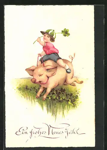 Künstler-AK Schwein, Junge mit Klee in der Hand reitet auf dem Tier, Neujahresgruss