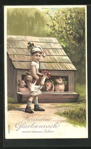 Präge-Lithographie Schwein, Neujahresgruss, Kind mit Pilz, Hufeisen und Klee füttert die Tiere