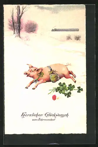 Lithographie Schwein, mit Klee und einem Hufeisen im Schnee