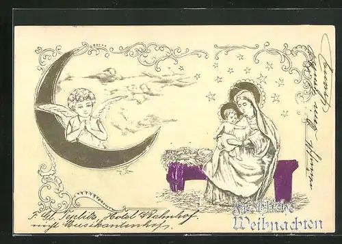 Präge-Lithographie Weihnachtsengel, heilige Mutter mit Jesus Christus, der Mond