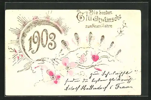 Präge-Lithographie Jahreszahl 1903, goldene Sonne zum Jahreswechsel