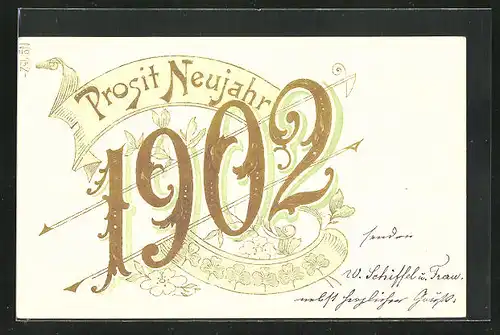 Präge-Lithographie Jahreszahl 1902, Prosit Neujahr