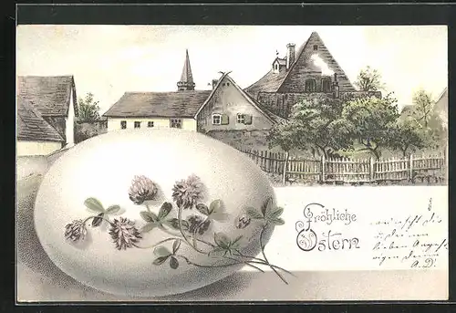 Präge-Künstler-AK Ostern, Blick auf ein altes Gehöft und die Kirche und ein grosses Ei