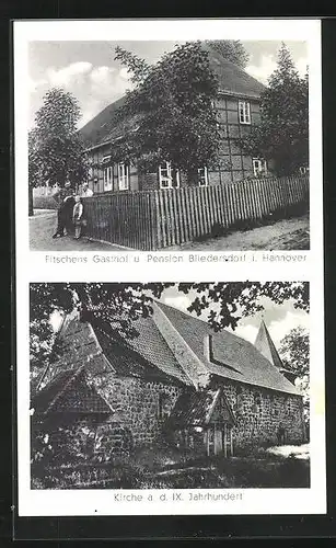 AK Bliedersdorf i. Hannover, Fitschens Gasthof, Kirche aus dem IX. Jahrhundert