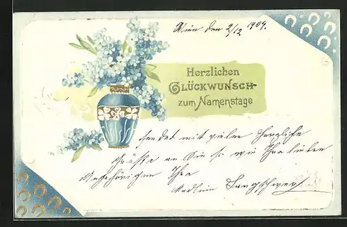 Präge-AK Vergissmeinnicht, Blumen in festlicher Vase