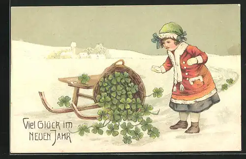 Präge-Künstler-AK Kleeblätter im Korb am Schlitten im Schnee, Neujahresgrüsse
