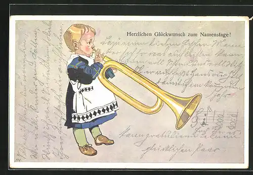 AK Blasinstrument, kleines Kind mit Trompete und Gruss zum Namenstag