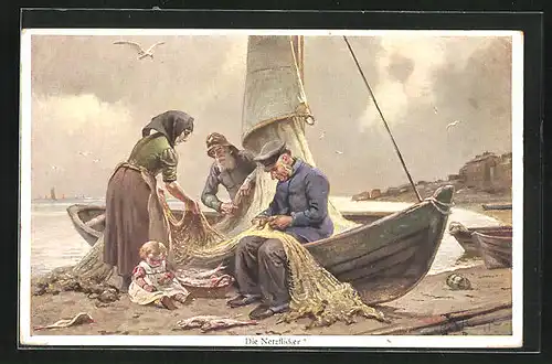 Künstler-AK Fischerei, die Netzflicker sitzen im Boot am Strand