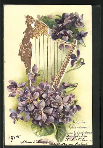 Präge-Lithographie Harfe, Instrument in Gold mit Engel und Blüten verziert