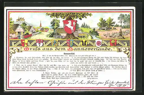 Lithographie Wappen, der Schäfer mit seiner Herde vor dem Ort