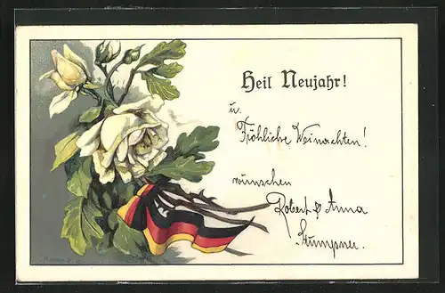 Künstler-AK Österreich-Ungarn, weisse Rose mit deutschen Farben, Neujahresgruss