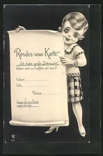 AK Schreibfaul, junges Mädchen präsentiert einen Rendez-vous-Karte zum einfachen Ausfüllen