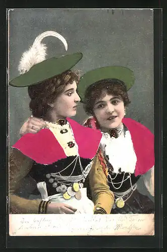 Stoff-Präge-AK Trachten, junge Damen in Kleidern mit Hüten