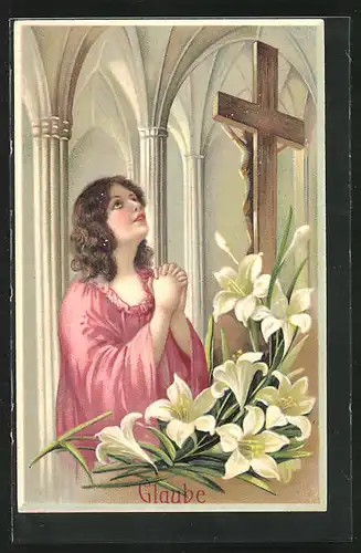 Präge-Künstler-AK Allegorie, Glaube, junge Frau betet am Kreuz