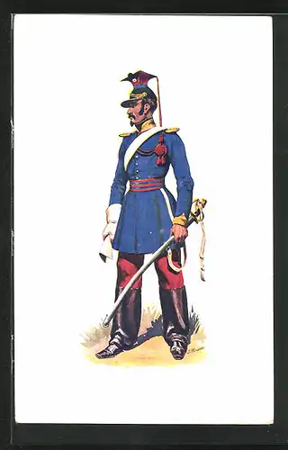 Künstler-AK Kavallerie, Soldat in Uniform mit Säbel in der Hand