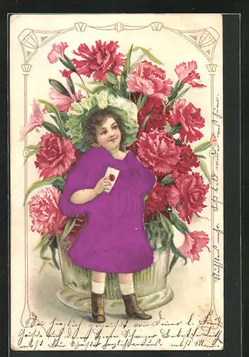 Stoff-Präge-AK Blumengedeck mit jungem Mädchen mit einem Brief