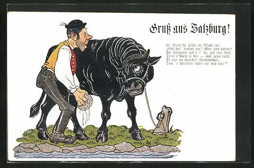 Künstler-AK Salzburg, Mann wäscht einen Stier