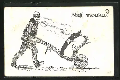 AK Page, Maji Mouku, Mann schiebt eine Schubkarre mit zwei Säcken