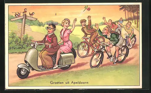 Künstler-AK Apeldoorn, Paar auf einem Moped und Fahrradfahrer