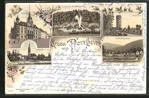 Lithographie Pforzheim, Rathaus, Stadtgarten & Kupferhammer