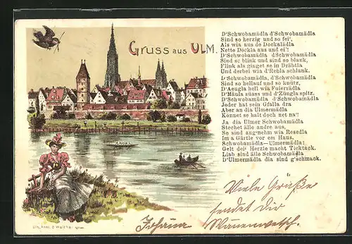 Lithographie Ulm, Panorama und Schwabentracht