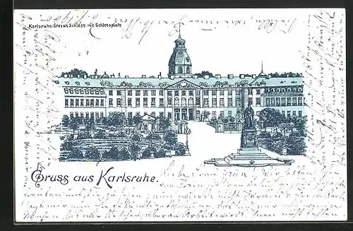 Lithographie Karlsruhe, Grossherz. Schloss mit Schlossplatz