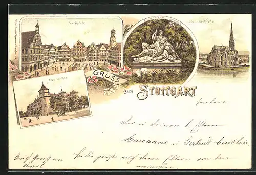 Lithographie Stuttgart, Marktplatz, Johannis-Kirche und Altes Schloss