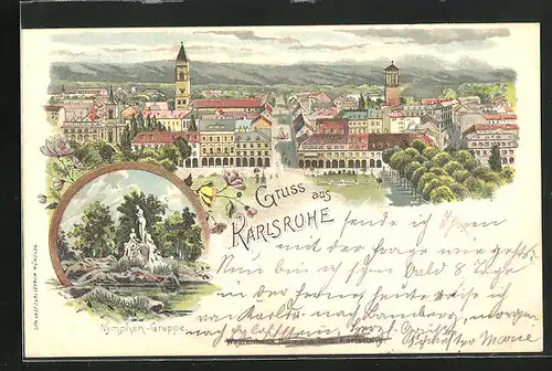 Lithographie Karlsruhe, Panorama und Nymphen-Gruppe