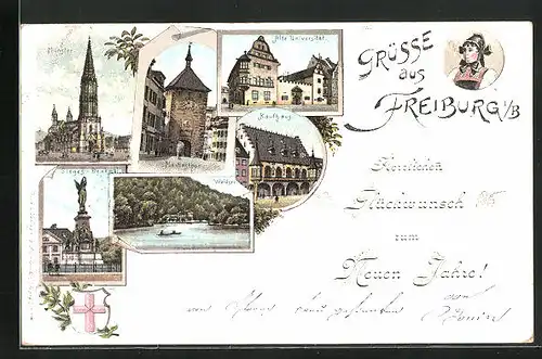 Lithographie Freiburg i. B., Münster, Alte Universität, Waldsee & Kaufhaus