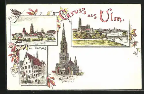Lithographie Ulm, Panorama, Rathaus & Münster