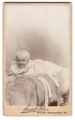 Fotografie Rudof Pilz, Apolda, Ackerwandstrasse 34, Portrait süsses Kleinkind im weissen Kleid liegt auf einem Fell