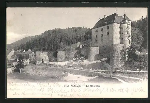 AK Valangin, Blick auf Ort und Burg