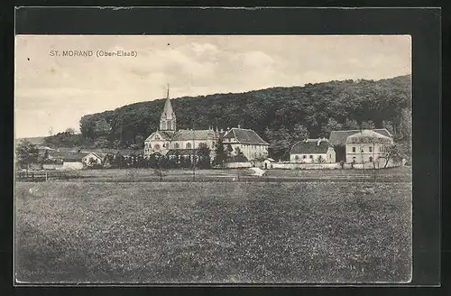 AK St. Morand /Ober-Elsass, Ortspartie mit Kirche