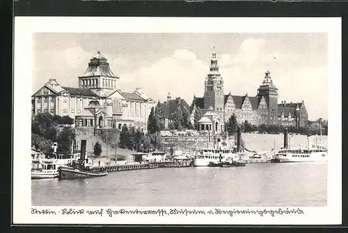 AK Stettin, Blick auf Hakenterrasse, Museum und Regierungsgebäude, Dampfer