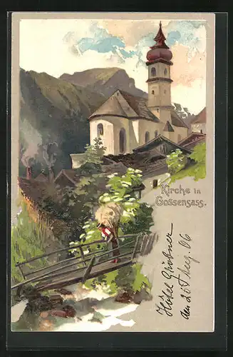 Künstler-AK Gossensass, Kirche im Ort