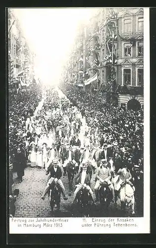 AK Hamburg, Jahrhundertfeier im März 1913, Festzug, Einzug der Kosaken unter Führung Tettenborns