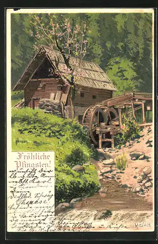 Künstler-AK Alfred Mailick: Holzhaus mit Wassermühle, Pfingstgruss
