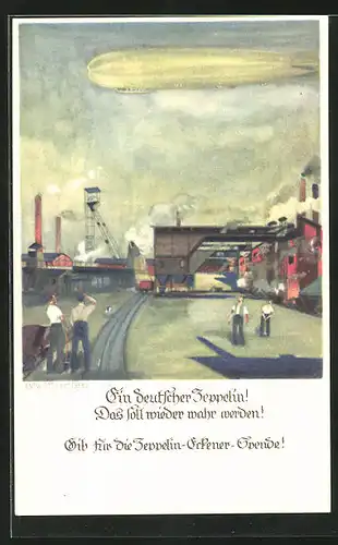 Künstler-AK Otto Amtsberg: Arbeiter auf dem Fabrikgelände erblicken einen Zeppelin