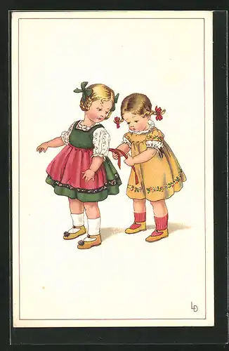 Künstler-AK Lia Döring: Kind bindet Mädchen Schleife am Kleid