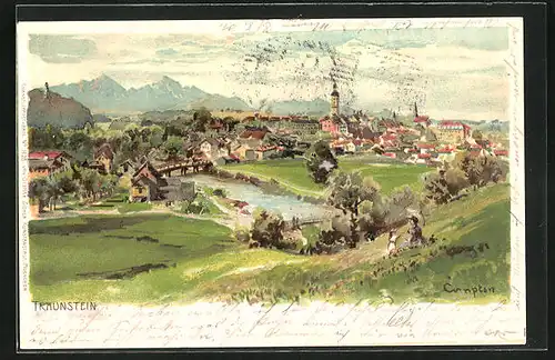 Künstler-AK Edward Harrison Compton: Traunstein, Ort mit Fluss und Bergen