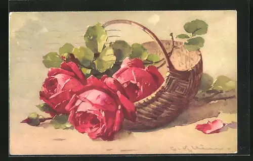 Künstler-AK Catharina Klein: Rote Rosen fallen aus Korb