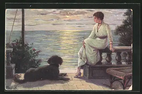 Künstler-AK Alfred Mailick: Elegante Frau sitzt mit Hund auf der Terasse am Wasser