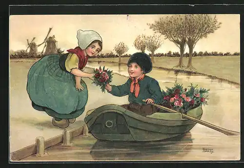 Künstler-AK Florence Hardy: Kleine Holländer mit Windmühle