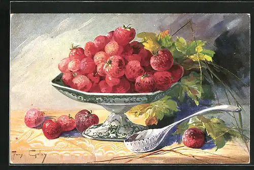Künstler-AK Mary Golay: Stillleben mit Schale voller Erdbeeren