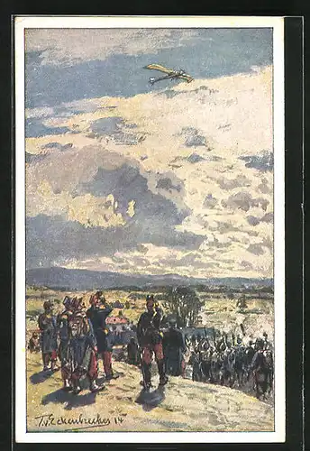 Künstler-AK Themistokles von Eckenbrecher: Soldaten beobachten Flugzeug