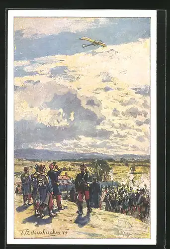 Künstler-AK Themistokles von Eckenbrecher: Soldaten beobachten Flugzeug