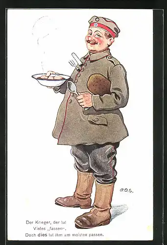 Künstler-AK P. O. Engelhard (P.O.E.): Soldat mit Brot und Suppe