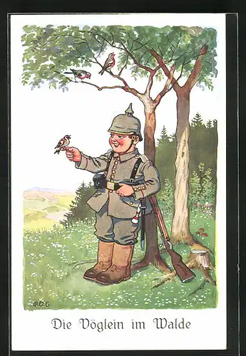 Künstler-AK P. O. Engelhard (P.O.E.): Soldat in Uniform mit Vögeln